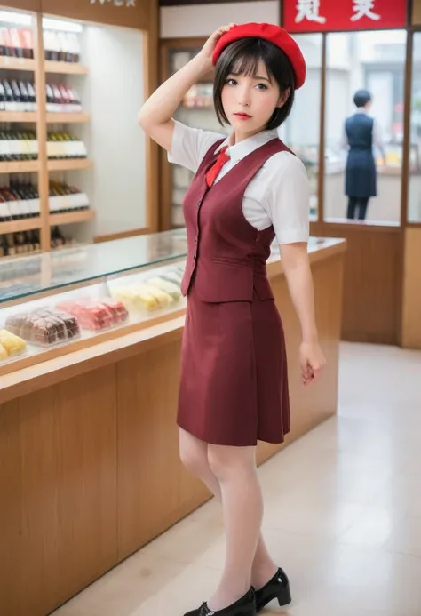 mature woman in uniform,50 years old、wine red beret、 tight skirt、wine red vest、white shirt,place your hands behind your head to ...