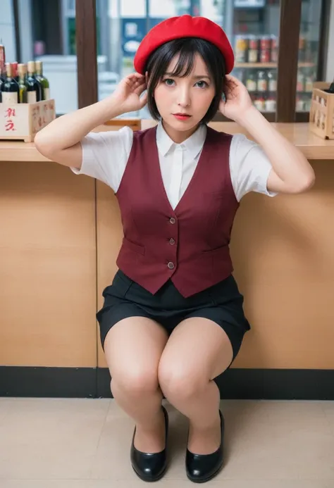 mature woman in uniform,50 years old、wine red beret、 tight skirt、wine red vest、white shirt,place your hands behind your head to ...