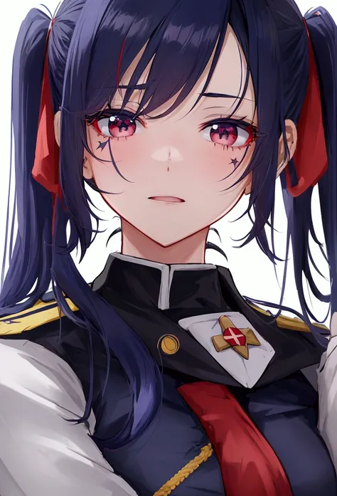 Anime is a military girl wearing a dark blue uniform with dark red elements. Black eyes, white long hair, and a scar on her neck.