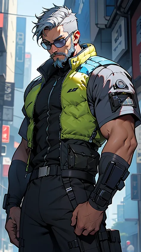 grey and blue mesh short hair、glasses、male、tactical vest、whole body、cyber punk、view here、front、beard、whole body傷跡