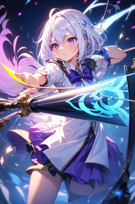 (masterpiece, best quality, chromatic aberration), colorful, 1girl, white hair, purple eyes, bow, wielding bow, archery, blue flames, glow, glowing weapon, light particles,