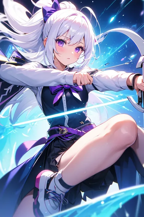 (masterpiece, best quality, chromatic aberration), colorful, 1girl, white hair, purple eyes, bow, wielding bow, archery, blue flames, glow, glowing weapon, light particles,