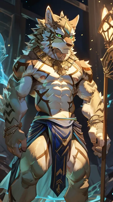 seth (tas), muscular, abs, navel, nipples, green eyes, (clothing: white-yellow-blue loincloth),