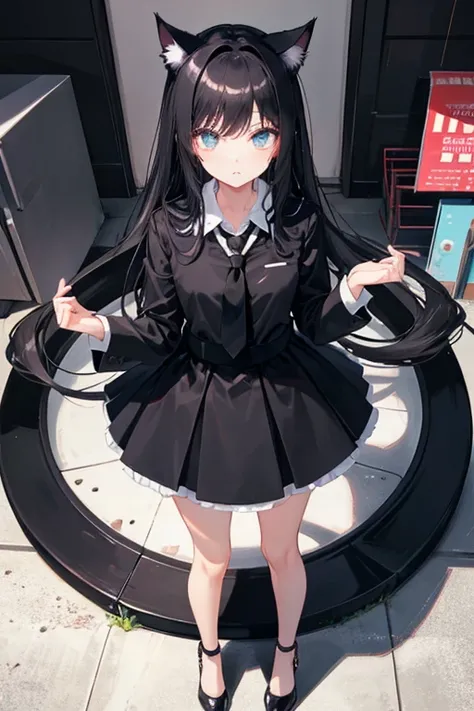 Black Hair，Black clothing，Cat ear，Girl，Poker face，tie，Standing，whole body，Black high heels