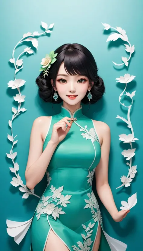 (Paper art,layered Paper art,Roll paper,Paper Cutting,Paper sculpture), 1 Cheongsam woman，fit，Perfect proportion，Exquisite hair accessories, whole body, Smile，Oriental elements，Simple background, Mint Green,  (Soft lighting, Bokeh)