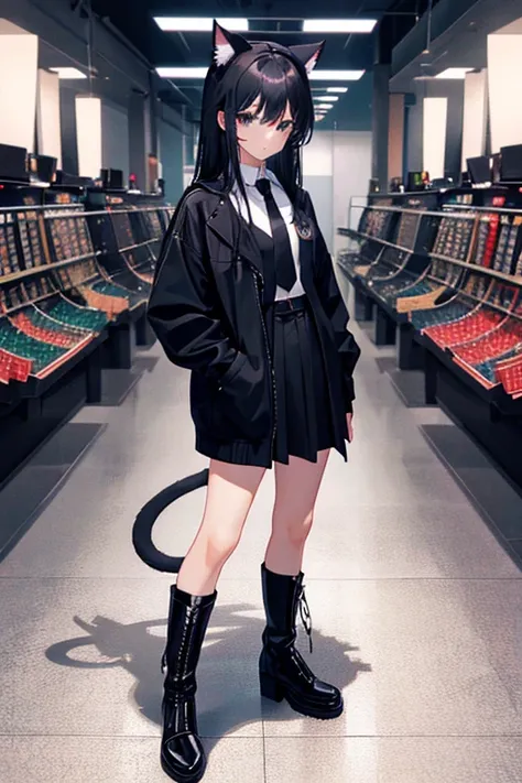 Black Hair，Black clothing，Cat ear，Girl，Poker face，tie，Standing，whole body，Black high boots