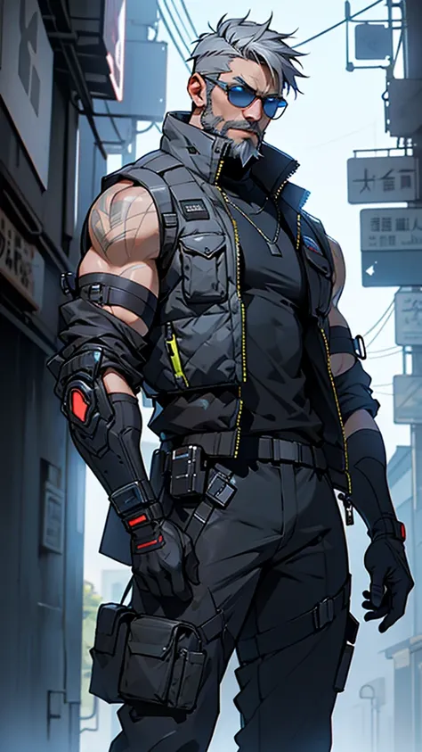 grey and blue mesh short hair、glasses、male、tactical vest、whole body、cyber punk、view here、front、beard、whole body傷跡