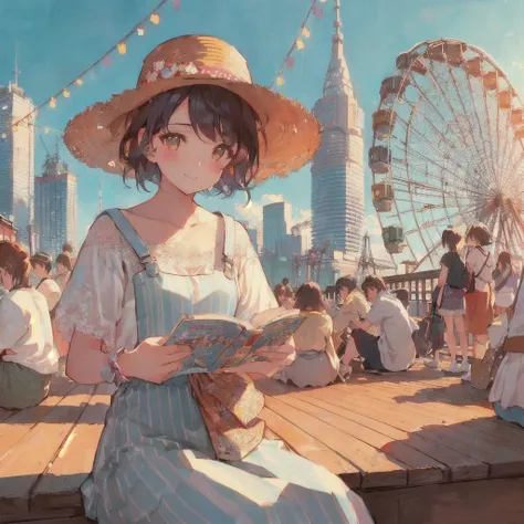 Anime girl reading a paperback book on a pier with a ferris wheel in the background, smile,Lo-fi Girl, digital Anime illustration, Gweiz-style artwork, Anime Aesthetics, Showa Town,Portrait of Rofi, Anime-style illustrations, Lo-fi Girl aesthetic, 80s anim...