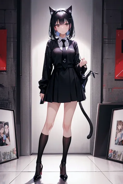 Black Hair，Black clothing，Cat ear，Girl，Poker face，tie，Standing，whole body，Black high heels