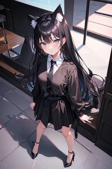 Black Hair，Black clothing，Cat ear，Girl，Poker face，tie，Standing，whole body，Black high heels