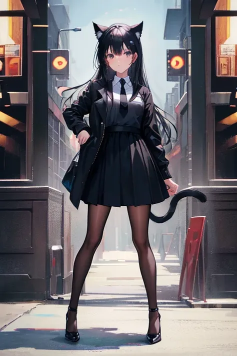 Black Hair，Black clothing，Cat ear，Girl，Poker face，tie，Standing，whole body，Black high heels