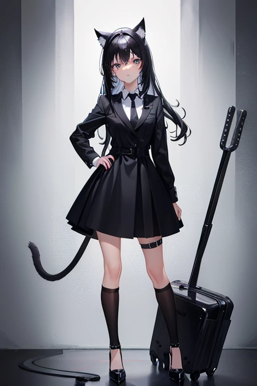 Black Hair，Black clothing，Cat ear，Girl，Poker face，tie，Standing，whole body，Black high heels