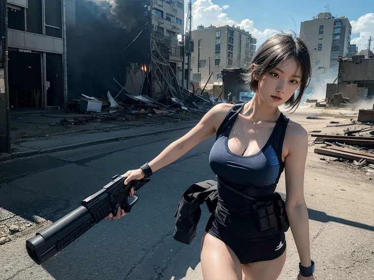 Battlefield Background，Huge explosion，Exploded buildings，A man in a blue tactical swimsuit，Black sneakers，A short-haired girl with a gun holster on her leg is leading her team to the battlefield，Full body close-up，Realism