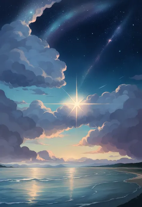 anime scenery of a beach with a star filled null, 宇宙のnull. by Makoto Shinkai, ethereal starlit city at sunset, cloudy, anime null, star(null) starry_null, Beautiful peaceful scene in anime, Anime Background Art, Beautiful anime scene, Beautiful artwork ill...