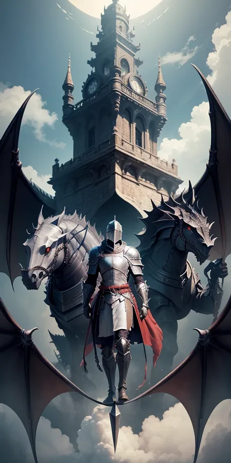 Knight looking at the distance, in the distance wyvern in the sky