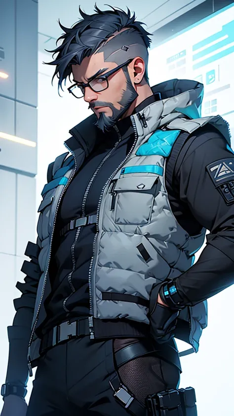 Grey and blue mesh short hair、Glasses、male、Tactical Vest、whole body、cyber punk、View here、front、beard、whole body傷跡