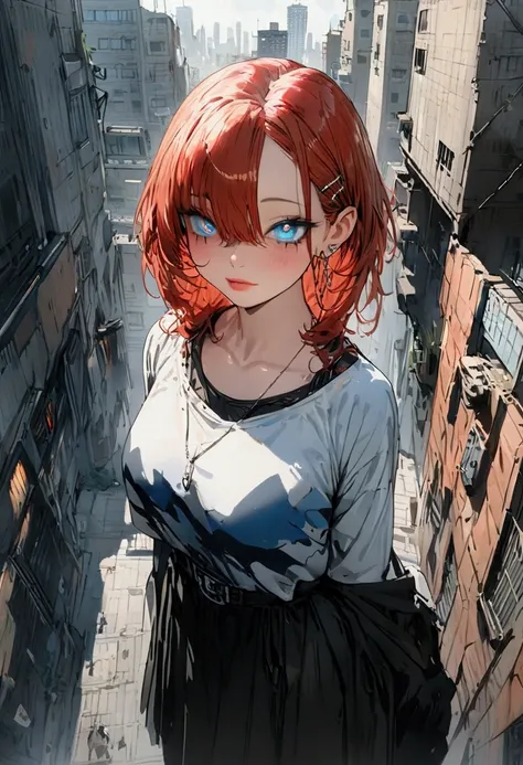 (High quality art,anime,Super detailed),(Best Quality,4K,8K,High resolution,masterpiece:1.2),Beautifully detailed lips,Highly detailed eyes and face,Redhead,Bright Eyes, blue eyes, (Eye details:1.3), Are standing,Cityscape、whole body