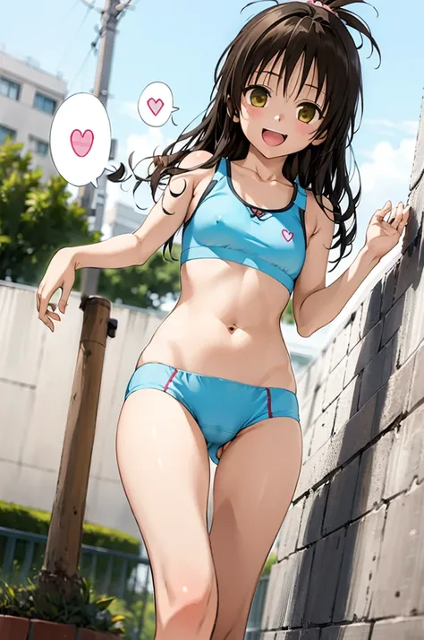 1girl,solo,yuuki mikan,, ,brown hair,, ,1girl,,,small breasts,,open mouth,,tongue,smile,(spoken heart),outdoor,,looking viewer,sports bra,panties,walking