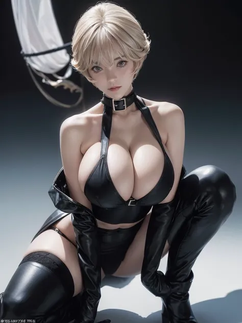 Very short hair, (masterpiece、Highest quality、Official Art), Neck up, View from the front, Looking at the audience:1.5, topless, Underless, White jacket:1.2, Black long boots, Black garter belt, (Black bondage suit:1.2), Black collar, Black choker, Glowing...