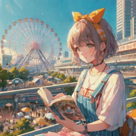 Anime girl reading a paperback book on a pier with a ferris wheel in the background, smile,Lo-fi Girl, digital Anime illustration, Gweiz-style artwork, Anime Aesthetics, Showa Town,Portrait of Rofi, Anime-style illustrations, Lo-fi Girl aesthetic, 80s anim...