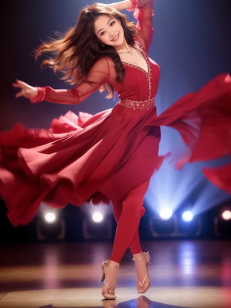 Photo-realistic quality、A Japanese woman in a red dress is dancing flamenco on stage,beautiful日本人モデル、 Sensual dance,  She is dancing、!!beautiful!!, Red clothes, Circling,Detailed and beautiful eyes、Cute smile、A soft and gentle look