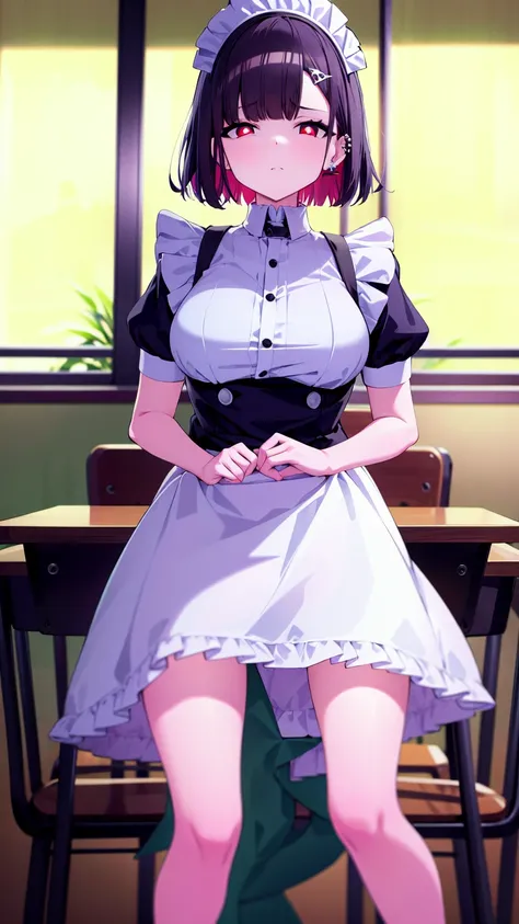 (cowboy shot),(ultra-high resolution, depth of field:1.2),Zenless Zone Zero,(Elen Joe:1.1),1woman,mature,black hair,short hair,inner color hair,(red eyes),medium breasts,crossed arms,maid dress,shark tail,maid apron,maid headdress,piercing,short sleeves,in...