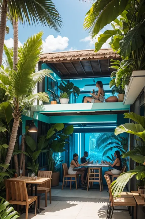 Create for me a futuristic tropical environment, tables full of people sitting, tropical style environment where drinks are sold