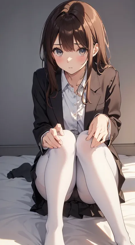 Top quality, masterpiece, High resolution, (Head to toe full body), front, frontやや下からの構図, Symmetric, Tall 18 year old girl, alone, (Head to toe), (Small breasts), Unkempt brown hair, bangs, (black tights), (Black Pantyhose), (Sit with your legs apart), (Cr...