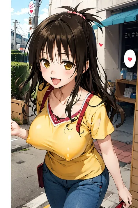 1girl,solo,yuuki mikan,, ,brown hair,, ,1girl,,,big breasts,,open mouth,,tongue,smile,(spoken heart),outdoor,,looking viewer,(((casual clothes))),walking