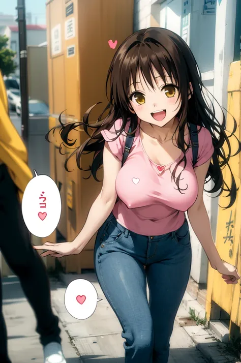 1girl,solo,yuuki mikan,, ,brown hair,, ,1girl,,,big breasts,,open mouth,,tongue,smile,(spoken heart),outdoor,,looking viewer,(((casual clothes))),walking