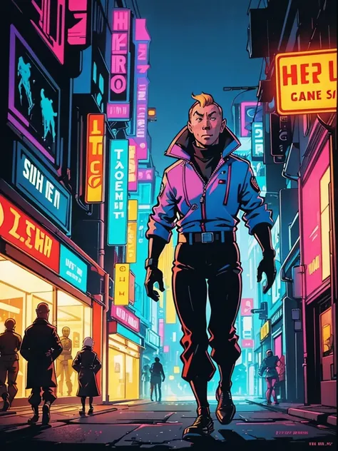 One of the official covers of Hergés comics, but its cyberpunk in neon colors.