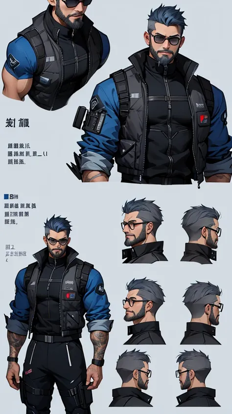 Character design sheet、Grey and blue mesh short hair、Glasses、male、Tactical Vest、whole body、cyber punk、Beard、