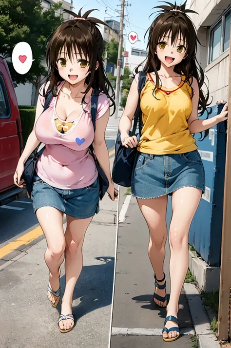 1girl,solo,yuuki mikan,, ,brown hair,, ,1girl,,,big breasts,,open mouth,,tongue,smile,(spoken heart),outdoor,,looking viewer,(((casual clothes))),walking,miniskirt