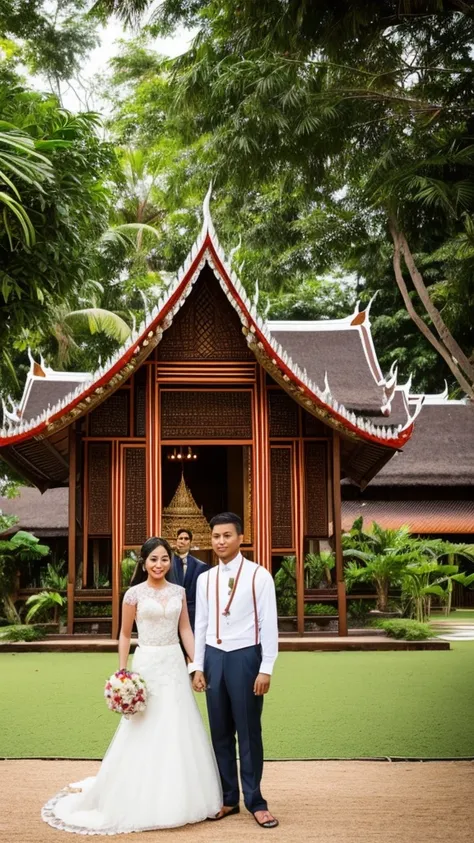 Groom and bride standing, Thailands traditional culture, back yard background, 