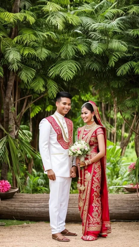 Groom and bride standing, Thailands traditional culture, back yard background, 