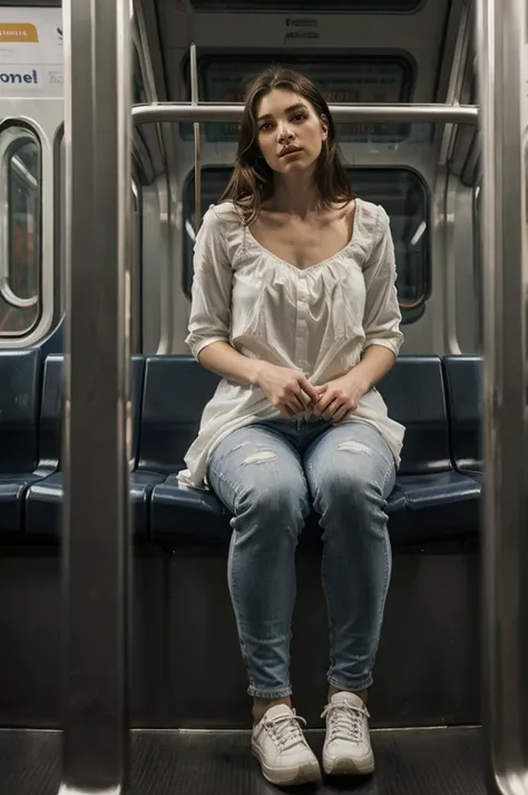 oil painting of a woman sitting in a metro car ((one woman only)) ((woman dressed in white)) modern dress, gray jeans pants, mod...