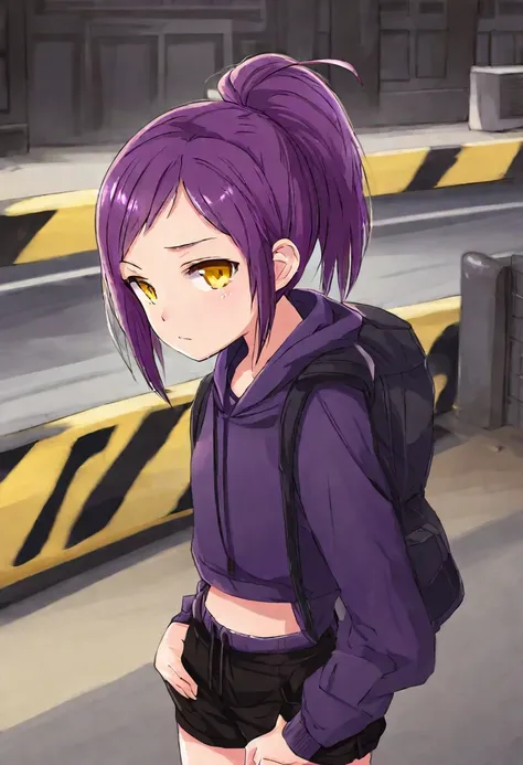 score_9, score_8_up, score_7_up, score_6_up, score_5_up, score_4_up, BREAK source_anime,rating_risky, a girl, 4rc4n3, thin, pale skin, skinny, tired expression, low ponytail, purple hair, yellow eyes, eye bags, tired expression, purple hoodie, thick thighs...