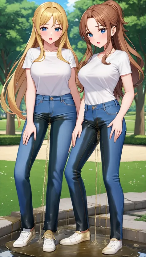 ((best quality, masterpiece:1.3, 8K)), (detailed), highly detailed face and skin texture, detailed eyes, park, pond, full body, (slender body:1.1), (a group of 3 girls:1.5), 25 years old, white skin, bright lips, worried, embarrassed, long hair, (forehead:...