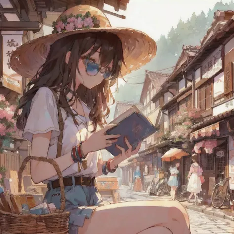 Showa Townを背景に文庫本を読んでいるアニメの女の子, smile,Lo-fi Girl, digital Anime illustration, Gweiz-style artwork, Anime Aesthetics, Showa Town,Portrait of Rofi, Anime-style illustrations, Lo-fi Girl aesthetic, 80s anime style,Beautiful anime art style, Anime illustration...