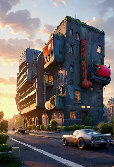 pixar, a two-storey building is gray, old, but very beautiful, against the background of a large city next to the road