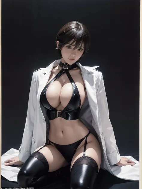 Very short hair, (masterpiece、Highest quality、Official Art), Neck up, View from the front, Looking at the audience:1.5, topless, Underless, White jacket:1.2, Black long boots, Black garter belt, (Black bondage suit:1.2), Black collar, Black choker, Glowing...