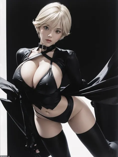 Very short hair, (masterpiece、Highest quality、Official Art), Neck up, View from the front, Looking at the audience:1.5, topless, Underless, White jacket:1.2, Black long boots, Black garter belt, (Black bondage suit:1.2), Black collar, Black choker, Glowing...