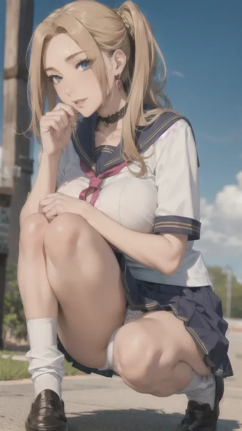 ((Correct Anatomy)),(Female student),((school uniform)),((Sailor suit)),((White lace panties)),(Mini Pleated Skirt),(((White loose socks))),((squat)),Ultra-high resolution,Mature Woman, Mature Woman, Very detailed,Sunburned skin,Brown Skin,((Beautiful feet...