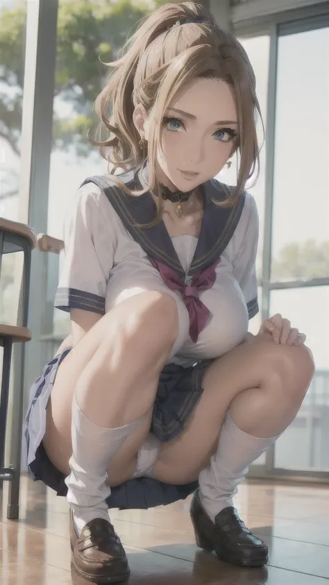 ((Correct Anatomy)),(Female student),((school uniform)),((Sailor suit)),((White lace panties)),(Mini Pleated Skirt),(((White loose socks))),((squat)),Ultra-high resolution,Mature Woman, Mature Woman, Very detailed,Sunburned skin,Brown Skin,((Beautiful feet...