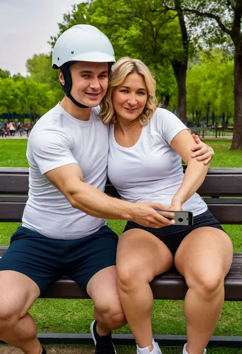 gaining weight, quince belly shape, blond hair, sagging belly, wearing a white t-shirt, a milf woman and a young man with a helmet are hugging on the bench in the park and taking a selfie.