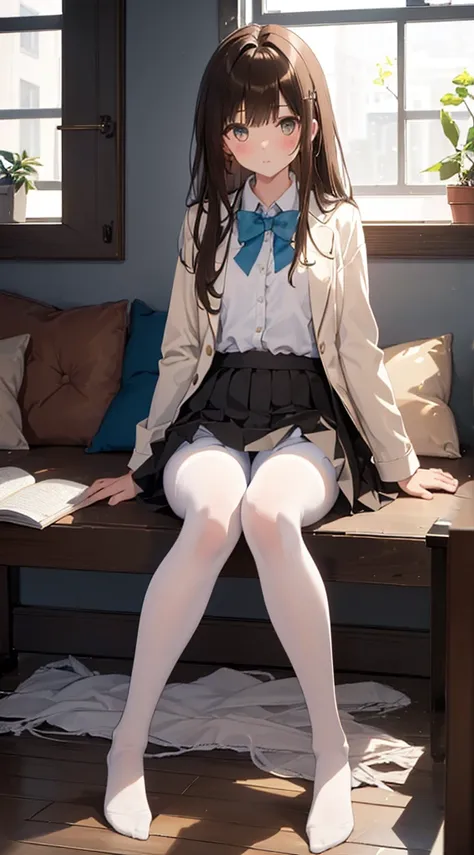 Top quality, masterpiece, High resolution, (Head to toe full body), front, frontやや下からの構図, Symmetric, Tall 18 year old girl, alone, (Head to toe), (Small breasts), Unkempt brown hair, bangs, (black tights), (Black Pantyhose), (Sit with your legs apart), (Cr...