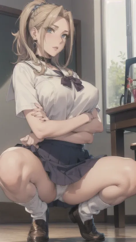 ((Correct Anatomy)),(Female student),((school uniform)),((Sailor suit)),((White lace panties)),(Mini Pleated Skirt),(((White loose socks))),((squat)),Ultra-high resolution,Mature Woman, Mature Woman, Very detailed,Sunburned skin,Brown Skin,((Beautiful feet...