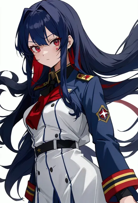 Anime is a military girl wearing a dark blue uniform with dark red elements. Black eyes, white long hair, and a scar on her neck.