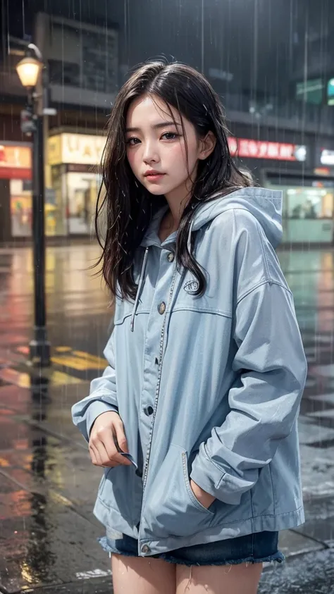 A woman, rain-soaked hair, rain-soaked clothes, messy hair, whole body wet with rain, 20 years old, beautiful, pretty face, cute face, rainy cityscape