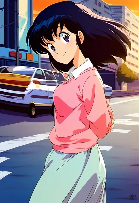 kyoko,score_9,score_8_up,score_7_up,source_anime,1girl,solo,looking at viewer,city,streetscapes in the 1980 s,asphalt pavement,p...